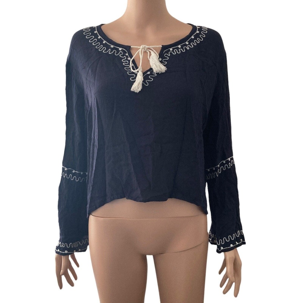 Band of Gypsies Blouse Womens Large Navy White Embroidered Tunic Bell Sleeve
